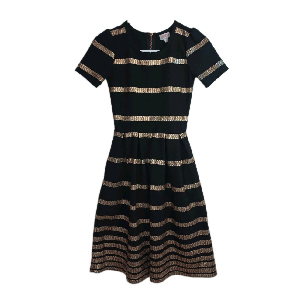 LuLaRoe Fit and Flare Dress Women's Size XS Black w/ Gold Stripes Short Sleeves